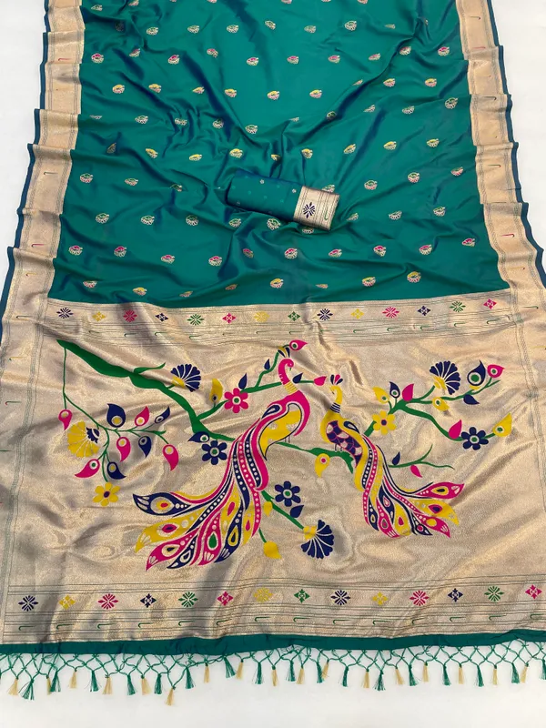 Elegant_Teal_Paithani_Silk_Saree_With_Peacock_Border_And_Motifs