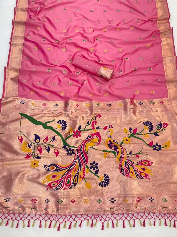 Pink_Paithani_Silk_Saree_With_Golden_Zari_Border_And_Peacock_Pallu