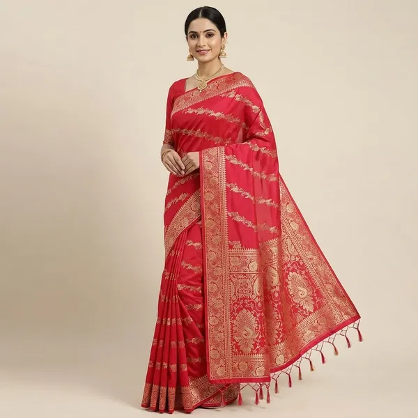 Red_Banarasi_Silk_Saree_With_Gold_Zari_Work