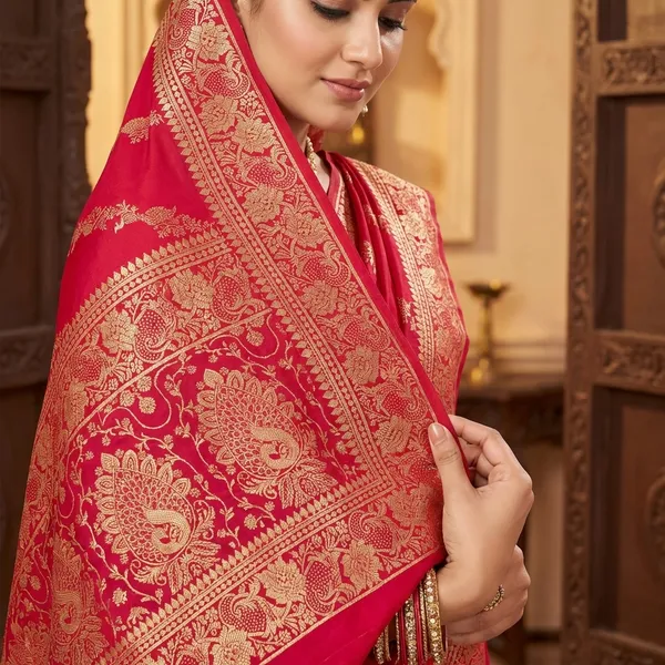 Red_Banarasi_Silk_Saree_With_Gold_Zari_Work