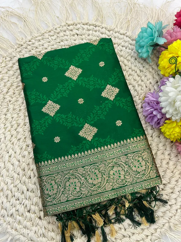 Green_Banarasi_Silk_Saree_With_Golden_Zari_Weave_And_Floral_Motifs