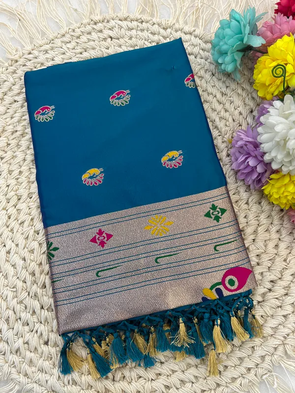 Blue_Paithani_Silk_Saree_With_Peacock_Border_And_Meena_Booti_Work