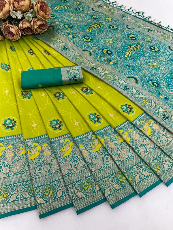 Parrot_Green_Banarasi_Silk_Saree_With_Teal_Blue_Zari_Border_And_Brocade_Pallu