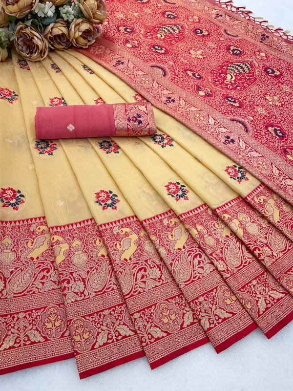 Elegant_Beige_And_Red_Banarasi_Silk_Saree_With_Rich_Zari_Work