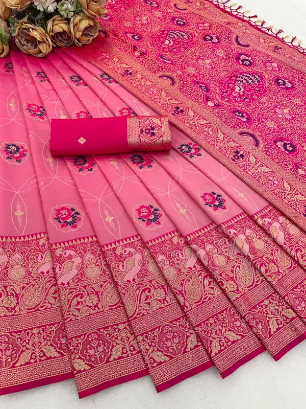 Pink_Banarasi_Silk_Saree_With_Woven_Floral_Motifs_And_Zari_Border