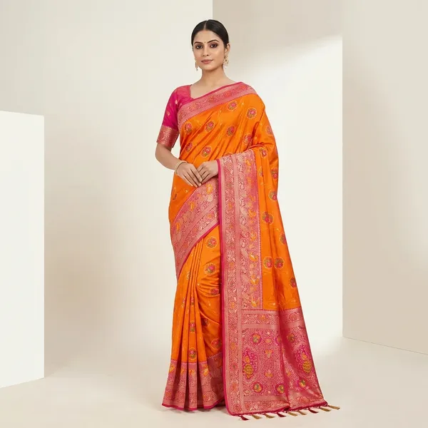 Orange_And_Pink_Banarasi_Silk_Saree_With_Traditional_Weaving