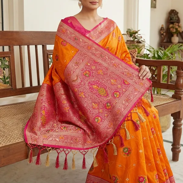 Orange_And_Pink_Banarasi_Silk_Saree_With_Traditional_Weaving