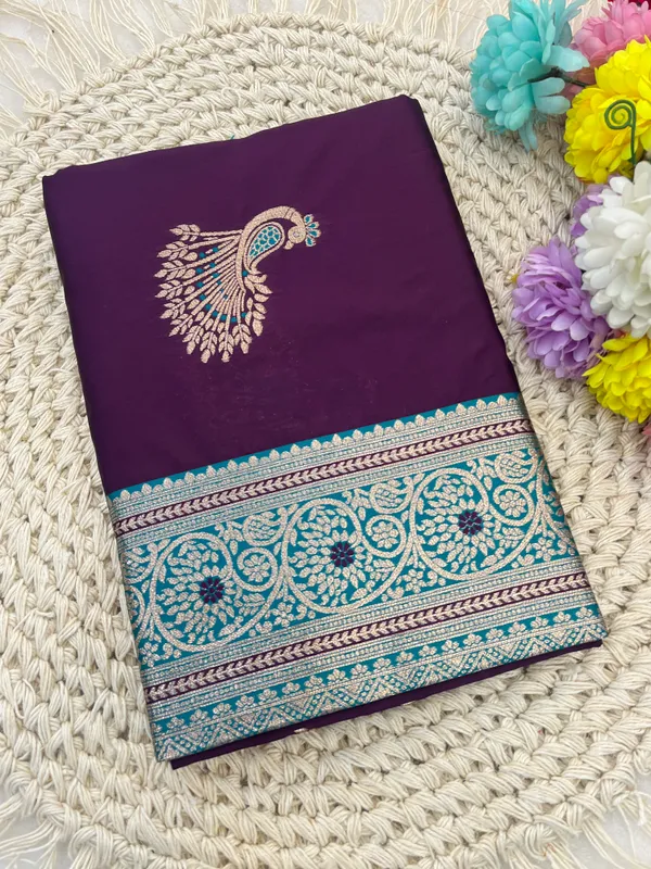 Purple_Banarasi_Silk_Saree_With_Golden_Peacock_Motifs_And_Turquoise_Border