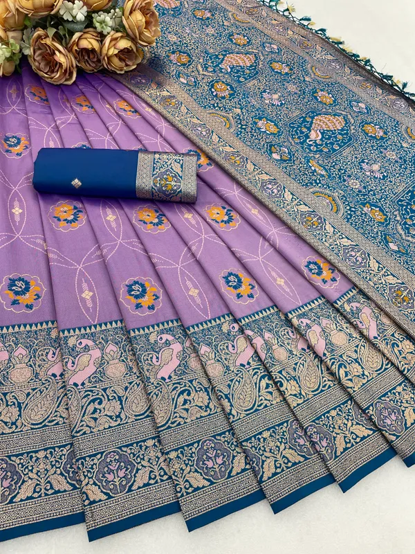 Purple_Banarasi_Silk_Saree_With_Floral_And_Blue_Border