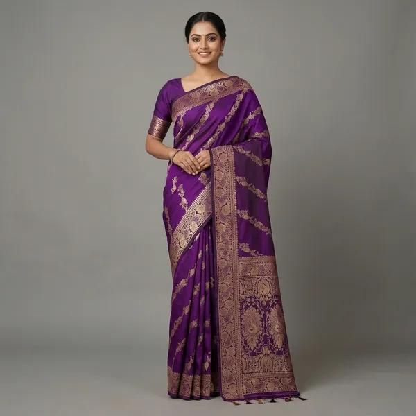 Purple_Banarasi_Silk_Saree_With_Golden_Zari_Work