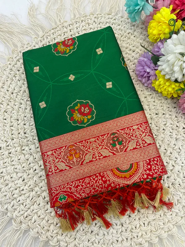 Traditional_Green_And_Red_Silk_Saree_With_Motifs_And_Golden_Border