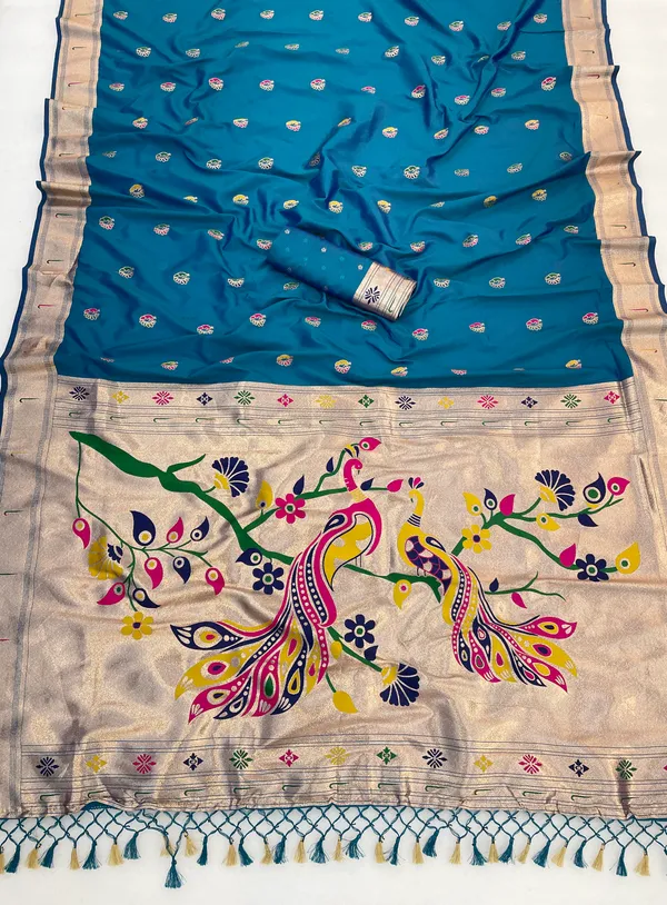 Blue_Paithani_Silk_Saree_With_Peacock_Border_And_Meena_Booti_Work