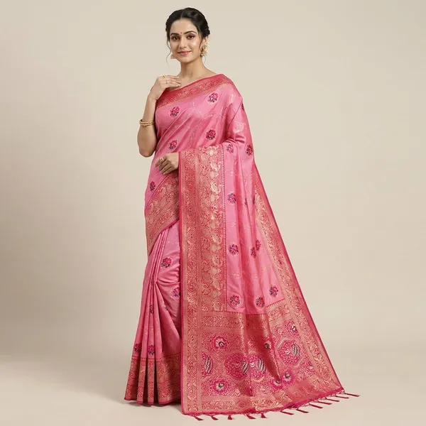 Pink_Banarasi_Silk_Saree_With_Woven_Floral_Motifs_And_Zari_Border