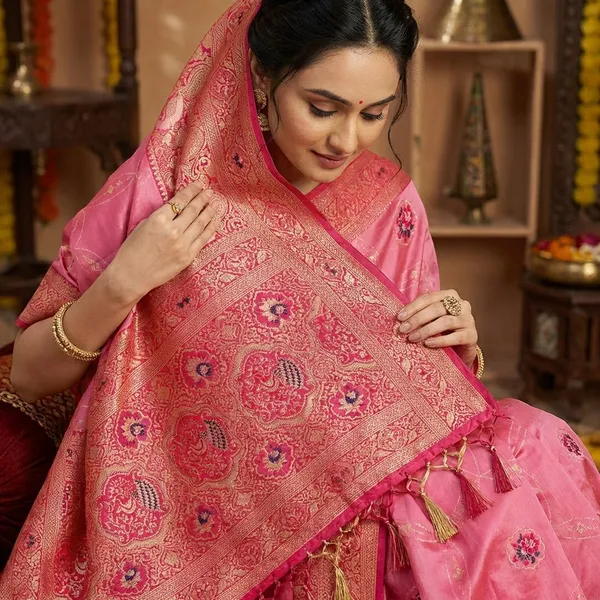 Pink_Banarasi_Silk_Saree_With_Woven_Floral_Motifs_And_Zari_Border