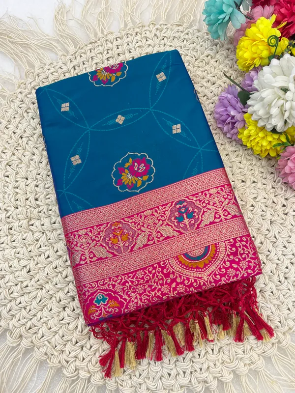 Traditional_Teal_Blue_Silk_Saree_With_Pink_Zari_Border_And_Floral_Motifs