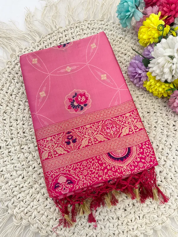 Pink_Banarasi_Silk_Saree_With_Woven_Floral_Motifs_And_Zari_Border