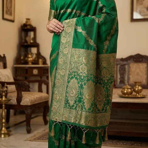 Emerald_Green_Banarasi_Silk_Saree_With_Golden_Zari_Work