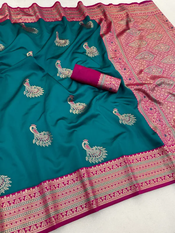 Teal_Green_Banarasi_Silk_Saree_With_Pink_Zari_Border_And_Peacock_Motifs
