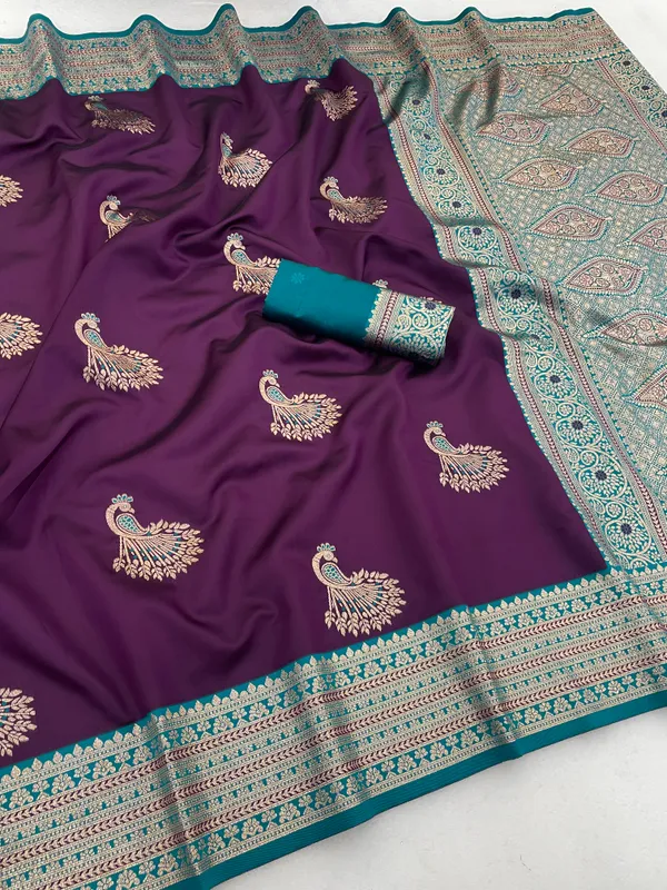 Purple_Banarasi_Silk_Saree_With_Golden_Peacock_Motifs_And_Turquoise_Border
