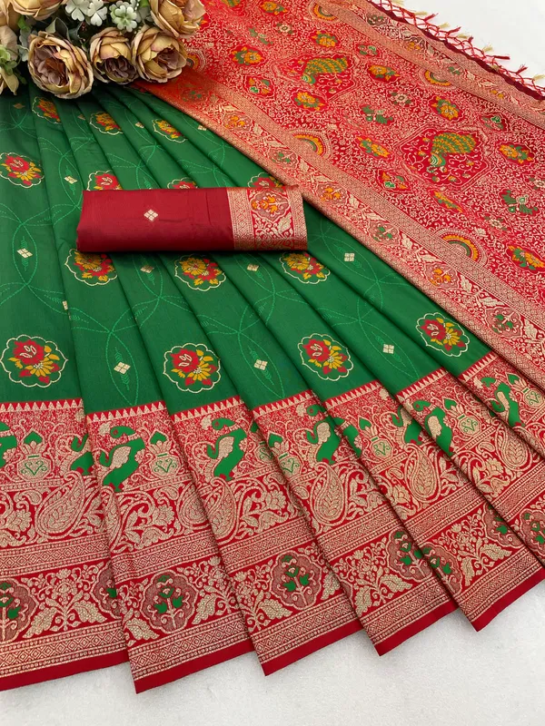 Traditional_Green_And_Red_Silk_Saree_With_Motifs_And_Golden_Border