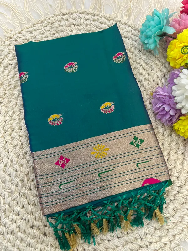 Elegant_Teal_Paithani_Silk_Saree_With_Peacock_Border_And_Motifs