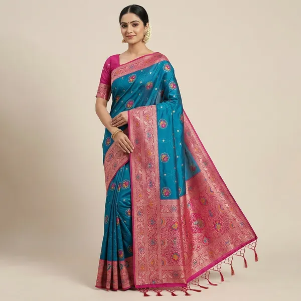 Traditional_Teal_Blue_Silk_Saree_With_Pink_Zari_Border_And_Floral_Motifs