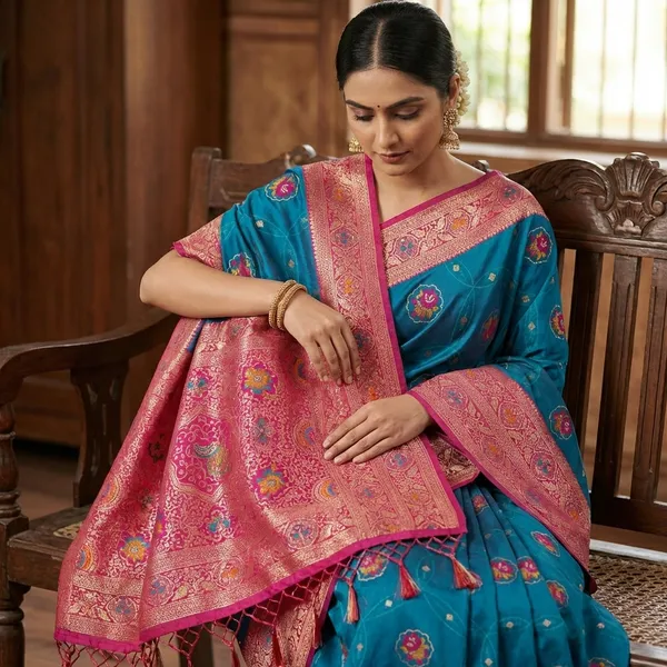 Traditional_Teal_Blue_Silk_Saree_With_Pink_Zari_Border_And_Floral_Motifs