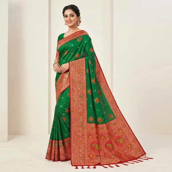 Traditional_Green_And_Red_Silk_Saree_With_Motifs_And_Golden_Border