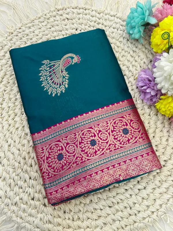 Teal_Green_Banarasi_Silk_Saree_With_Pink_Zari_Border_And_Peacock_Motifs
