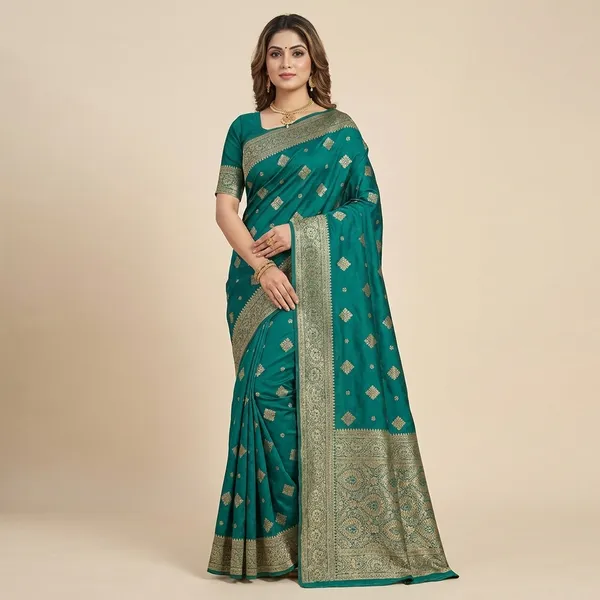 Elegant_Teal_Banarasi_Silk_Saree_With_Golden_Zari_Work