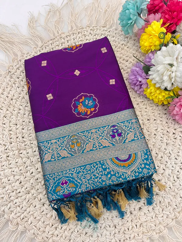 Purple_Banarasi_Silk_Saree_With_Blue_Woven_Border