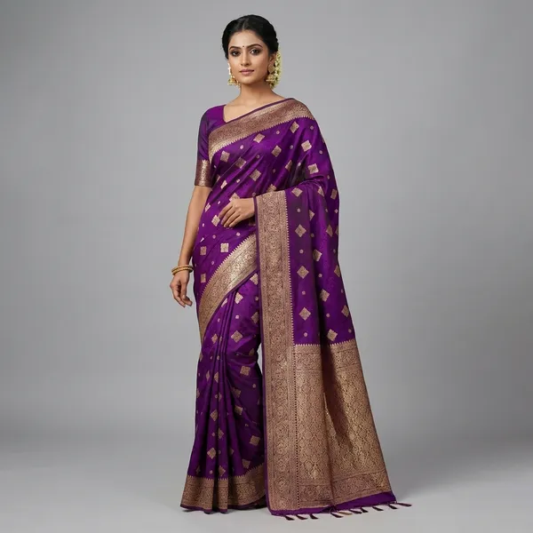 Purple_Banarasi_Silk_Saree_With_Golden_Zari_Work