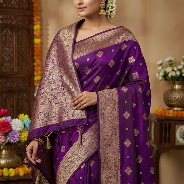 Purple_Banarasi_Silk_Saree_With_Golden_Zari_Work