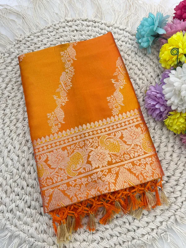Orange_Silk_Saree_With_Golden_Zari_Border_And_Peacock_Motifs