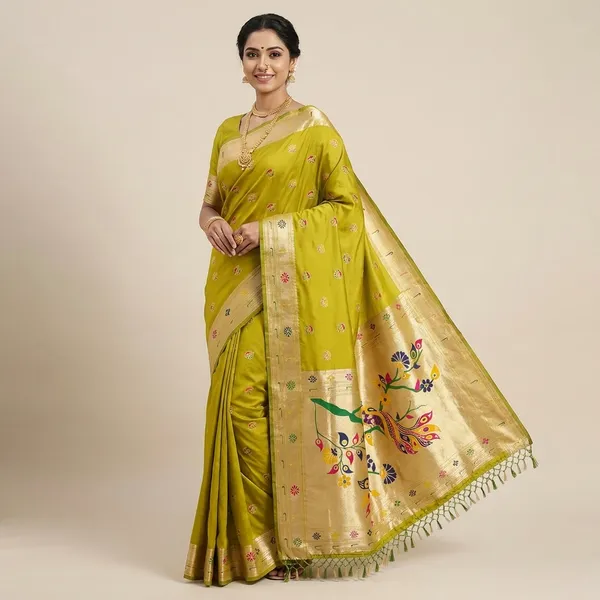Mustard_Yellow_Paithani_Silk_Saree_With_Peacock_Motif_Border