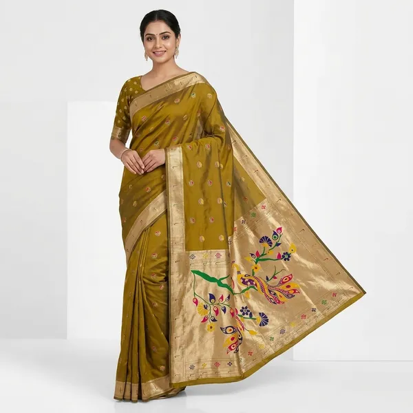 Mustard_Yellow_Paithani_Silk_Saree_With_Peacock_And_Golden_Border