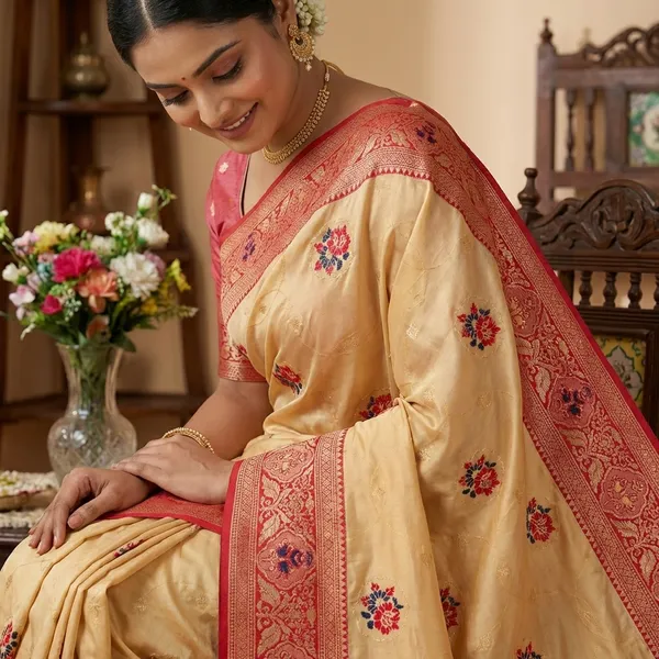 Elegant_Beige_And_Red_Banarasi_Silk_Saree_With_Rich_Zari_Work