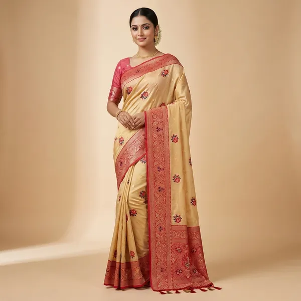 Elegant_Beige_And_Red_Banarasi_Silk_Saree_With_Rich_Zari_Work