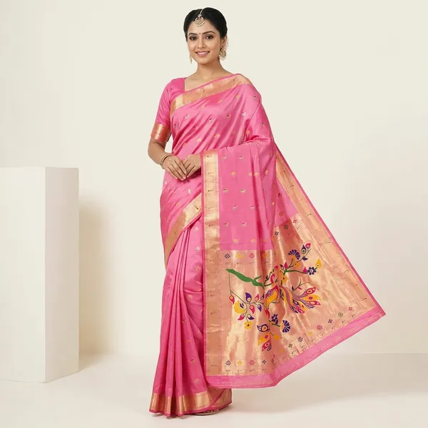 Pink_Paithani_Silk_Saree_With_Golden_Zari_Border_And_Peacock_Pallu