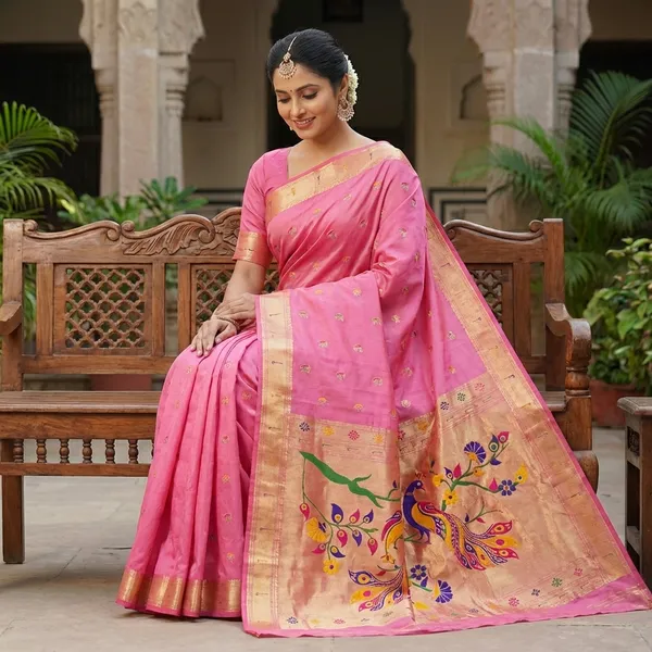 Pink_Paithani_Silk_Saree_With_Golden_Zari_Border_And_Peacock_Pallu