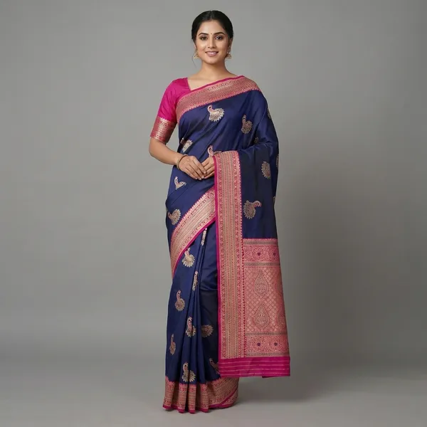 Navy_Blue_Banarasi_Silk_Saree_With_Peacock_Motifs_And_Pink_Border