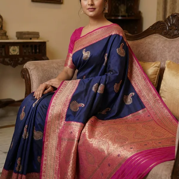 Navy_Blue_Banarasi_Silk_Saree_With_Peacock_Motifs_And_Pink_Border