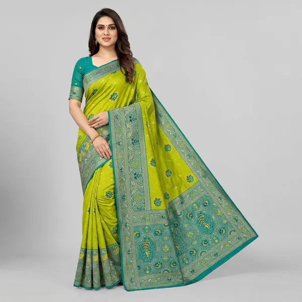 Parrot_Green_Banarasi_Silk_Saree_With_Teal_Blue_Zari_Border_And_Brocade_Pallu