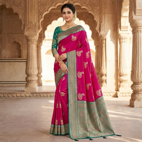 Pink_Silk_Saree_With_Golden_Peacock_Motifs_And_Teal_Border