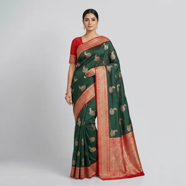 Green_Peacock_Motif_Silk_Saree_With_Red_Border_And_Blouse_Piece