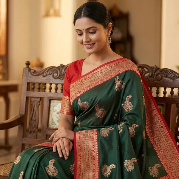 Green_Peacock_Motif_Silk_Saree_With_Red_Border_And_Blouse_Piece