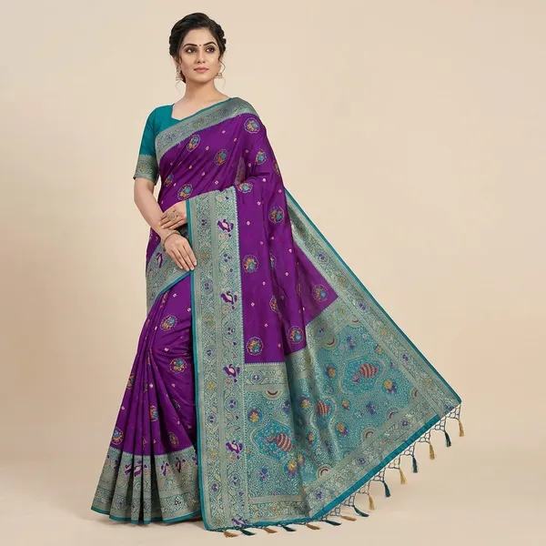 Purple_Banarasi_Silk_Saree_With_Blue_Woven_Border