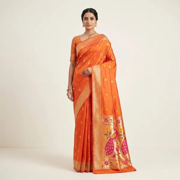 Orange_Silk_Saree_With_Peacock_Border