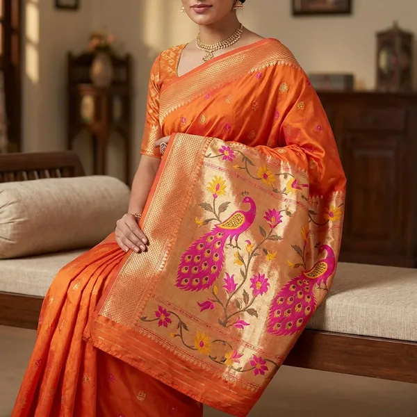 Orange_Silk_Saree_With_Peacock_Border