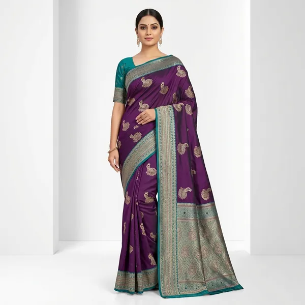 Purple_Banarasi_Silk_Saree_With_Golden_Peacock_Motifs_And_Turquoise_Border